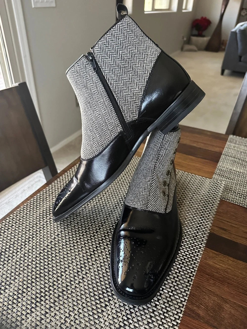 Men's Black Leather & Herringbone Chukka Boots with Side Zip